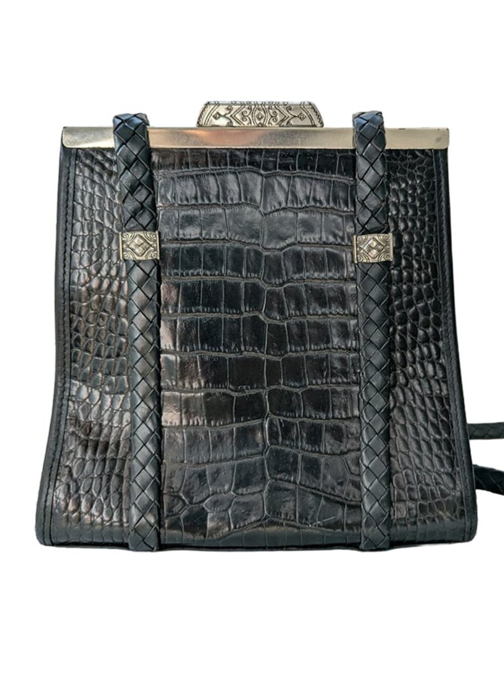 Vintage Brighton Croc-Embossed Black Patent Leather Shoulder Bag